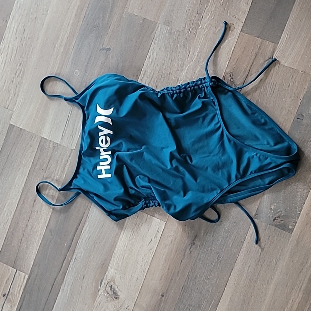Hurley Teal Green Blue White Logo One-Piece Side Cinch Swimsuit Size Large - Picture 2 of 6